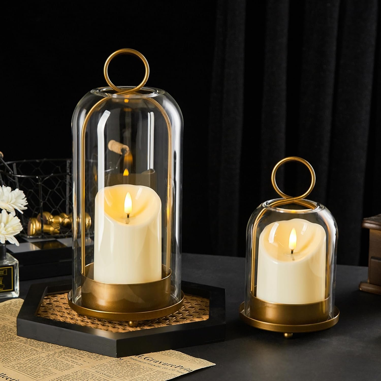81pfK6djCL._AC_SL1500_.jpg 5-inch and 4-inch 1.5-inch metal candlesticks with brass handmade glass shades, featuring 2 timer candles; 2-piece multi-functional windproof glass candlestick set suitable for column candles and plants. - Image 1