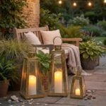 Three-piece stainless steel candle lantern set, 21/16/11 inch tall, metal outdoor candlestick, decorative hanging lantern with tempered glass, suitable for family living room, parties, indoor and outdoor events (gold triangle) - Image 2