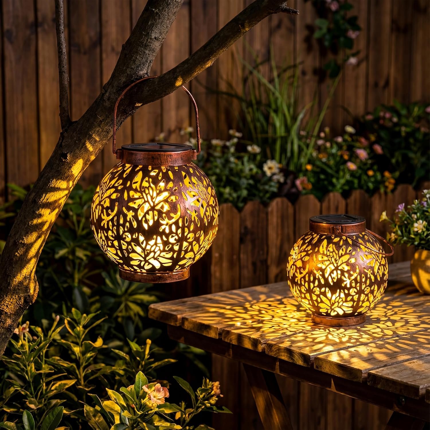 91XnrkGXySL._AC_SL1500_.jpg 2-pack outdoor solar hanging lanterns, waterproof tabletop with handle, LED Moroccan lanterns, metal decorative garden solar lights, spring style, suitable for patios, lawns, porches, backyards - Image 1