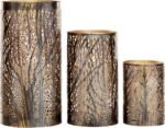 Metal indoor and outdoor candle lanterns, openwork branch lantern candlesticks, gold lining, 3-piece set, sizes 12 inches, 9 inches, and 5 inches high, bronze