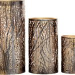 Metal indoor and outdoor candle lanterns, openwork branch lantern candlesticks, gold lining, 3-piece set, sizes 12 inches, 9 inches, and 5 inches high, bronze