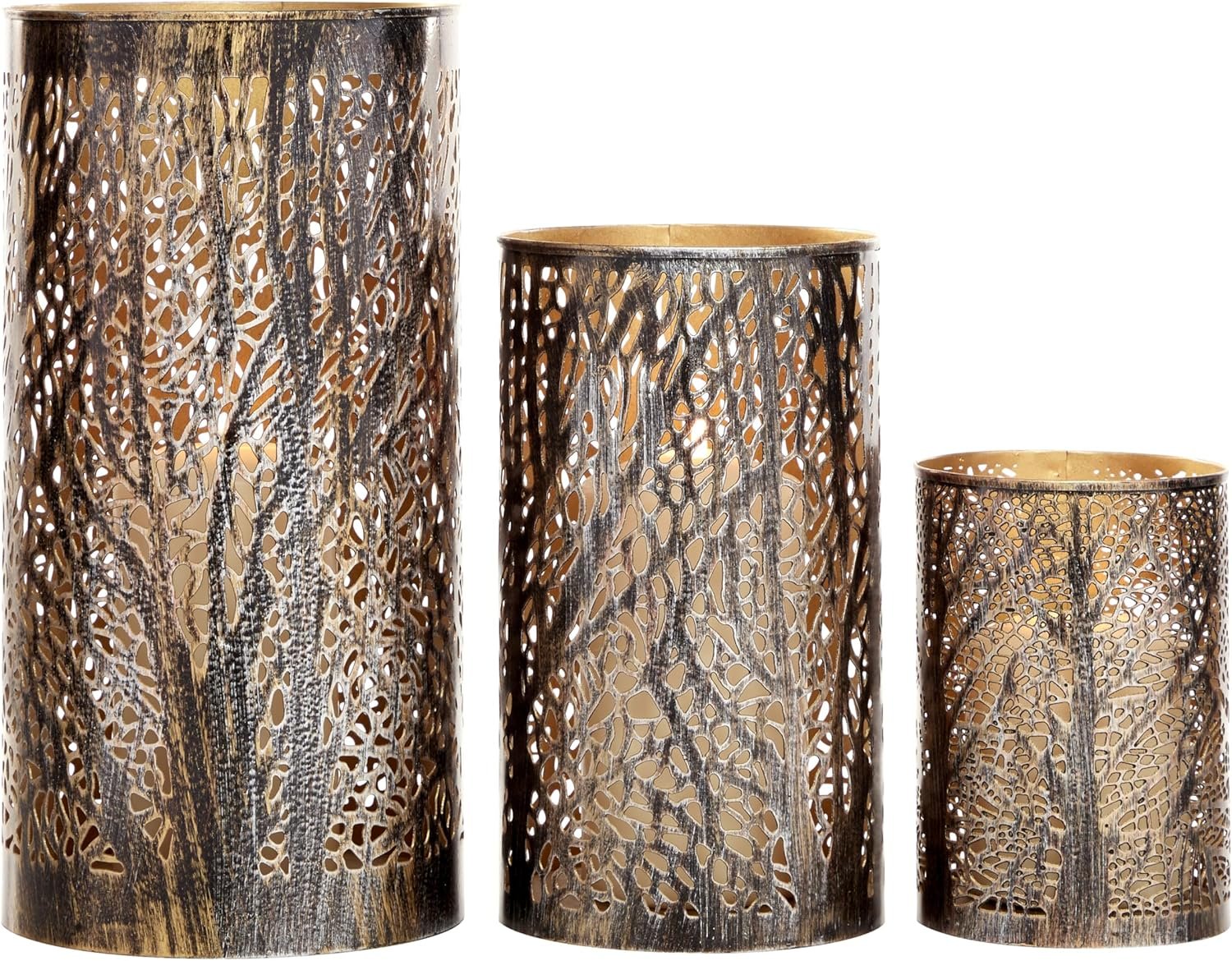 91eXQ8JZYKL._AC_SL1500_.jpg Metal indoor and outdoor candle lanterns, openwork branch lantern candlesticks, gold lining, 3-piece set, sizes 12 inches, 9 inches, and 5 inches high, bronze - Image 1